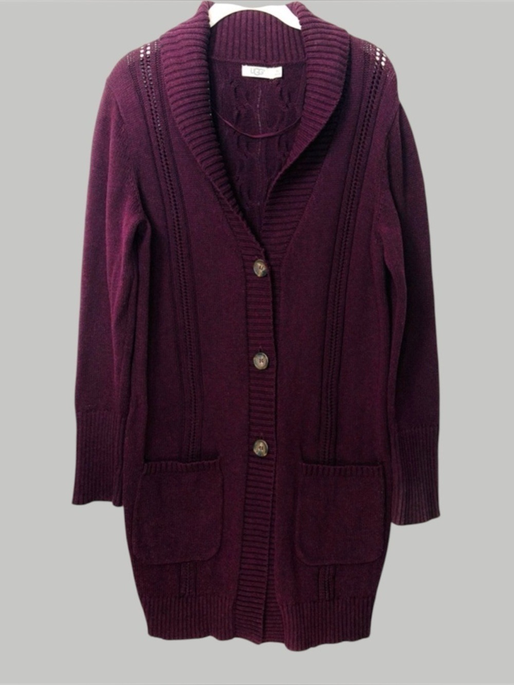 UGG Dark Plum Knit Long Cardigan M/L Pointelle Sweater Dark Academia, Vampi - Picture 1 of 11